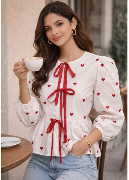 AMISSA FRONT RED & WHITE NOTE BLOUSE